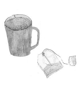 A drawing of a mug and a teabag