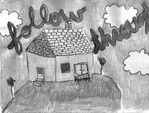 A drawing of a house with the words follow through.