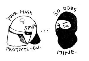 A cop in a helmet says Your Mask Protects You to a protestor in a balaclava, the protestor winks and says So Does Mine