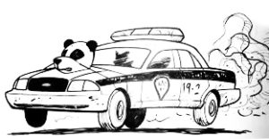 A police car with a panda head strapped to the hood. 