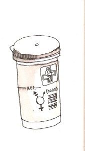 A pill bottle with a dual-gender sign on it. 