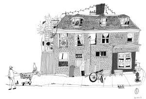 A drawing of a house with many windows.