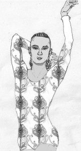 Drawing of a person wearing a floral leotard.