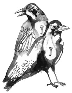 A drawing of two birds with keys on their chests. 