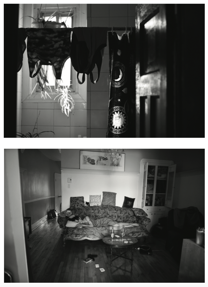 Two black and white photos of an apartment. In the first, laundry hangs on a line inside, in the second, someone sleeps on a couch.