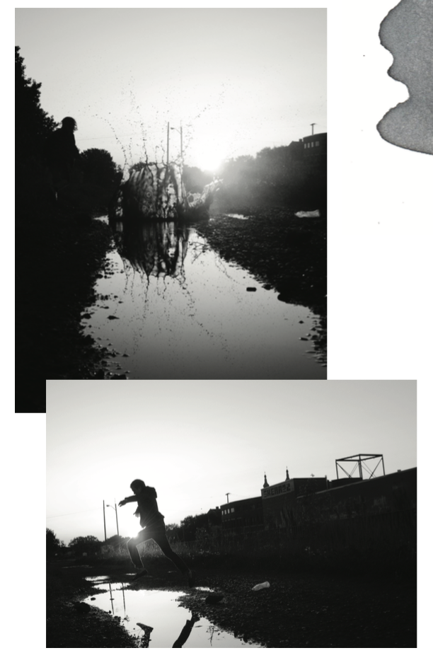 Two black and white photos of a dock on a lake, one with someone jumping off the dock.
