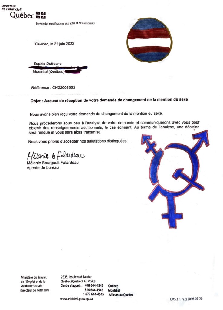 Letter from the directeur de l'état civil du Quebec, notifying the recipient that their request for changing their legal gender marker has been received.